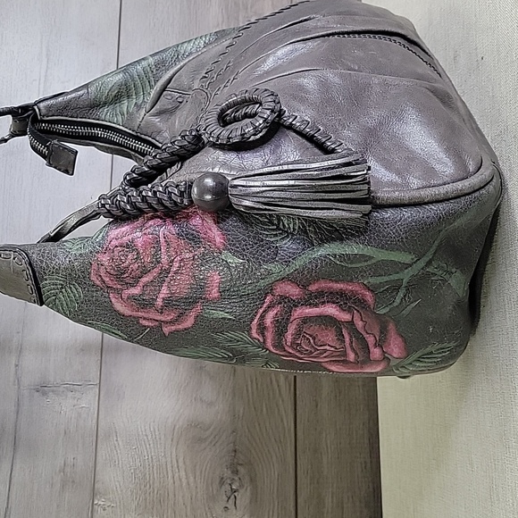 Lockheart Gray Leather Rose Shoulder Bag Hobo Handbag Tore Satchel - Picture 2 of 16